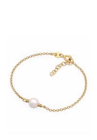 Goldene Kettenarmband mit einer zentralen weißen Perle, zarter Textur und sicherem Verschluss. Verstellbare Länge mit zusätzlichen Kettengliedern.