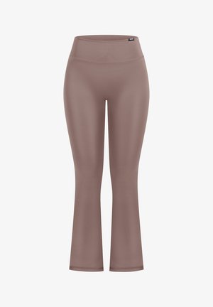 Ausgestellte Leggings aus einem weichen, gedämpften braunen Stoff. Hoher Bund, glatte Textur, minimalistisches Design, geeignet für Freizeit- und Sportbekleidung.