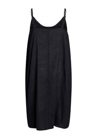 Abito nero senza maniche con scollatura arricciata, realizzato in tessuto testurizzato. Presenta spalline regolabili e una silhouette ampia e fluida.