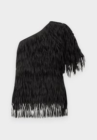 Μαύρο τοπ από υφασμάτινη υφή με κάθετες φούντες στη μία πλευρά. Ασυμμετρικός σχεδιασμός με κοντό μανίκι και λείο ντεκολτέ.