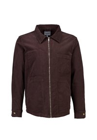Chaqueta marrón oscura con cierre de cremallera, cuello y dos bolsillos frontales. Fabricada con un tejido duradero y un acabado texturizado.