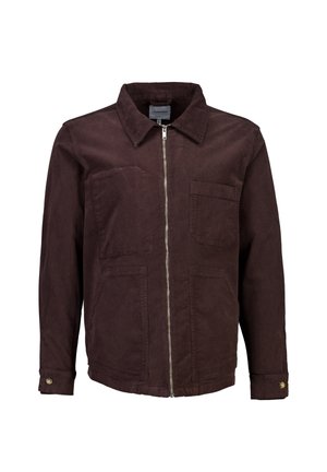 Dunkelbraune Jacke mit Reißverschluss, Kragen und zwei vorderen Taschen. Hergestellt aus strapazierfähigem Stoff mit strukturierter Oberfläche.