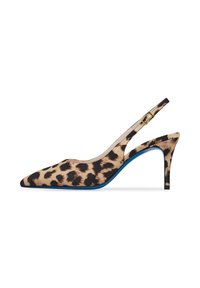 Tacchi slingback con stampa leopardata, punta affusolata, suola blu e tacco sottile. Realizzati in tessuto con una consistenza liscia.