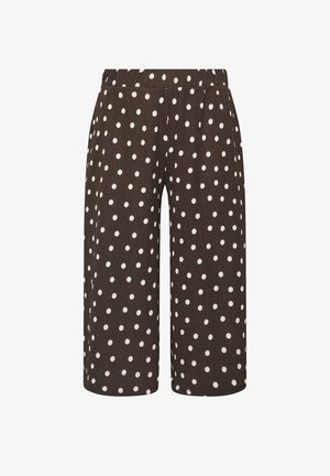 Braune, weit geschnittene, kurze Hosen mit weißen Punkten und einem elastischen Bund, abgebildet auf weißem Hintergrund.