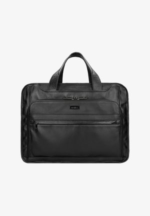 Zwarte leren laptoptas met dubbele handvatten, voorzak met ritssluiting en subtiele textuuraccenten. Gladde oppervlakte en rechthoekige vorm.