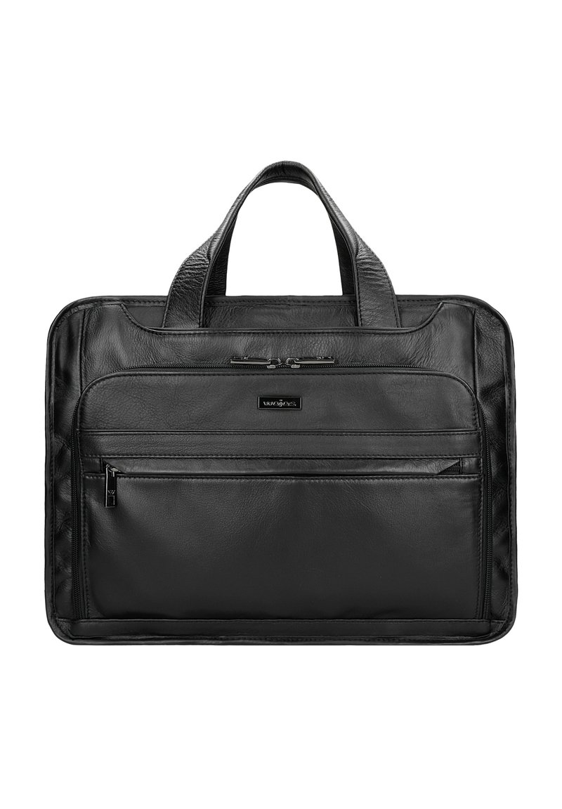 Sac à dos pour ordinateur portable en cuir noir avec doubles poignées, poche zippée à l'avant et accents texturés subtils. Surface lisse et forme rectangulaire.