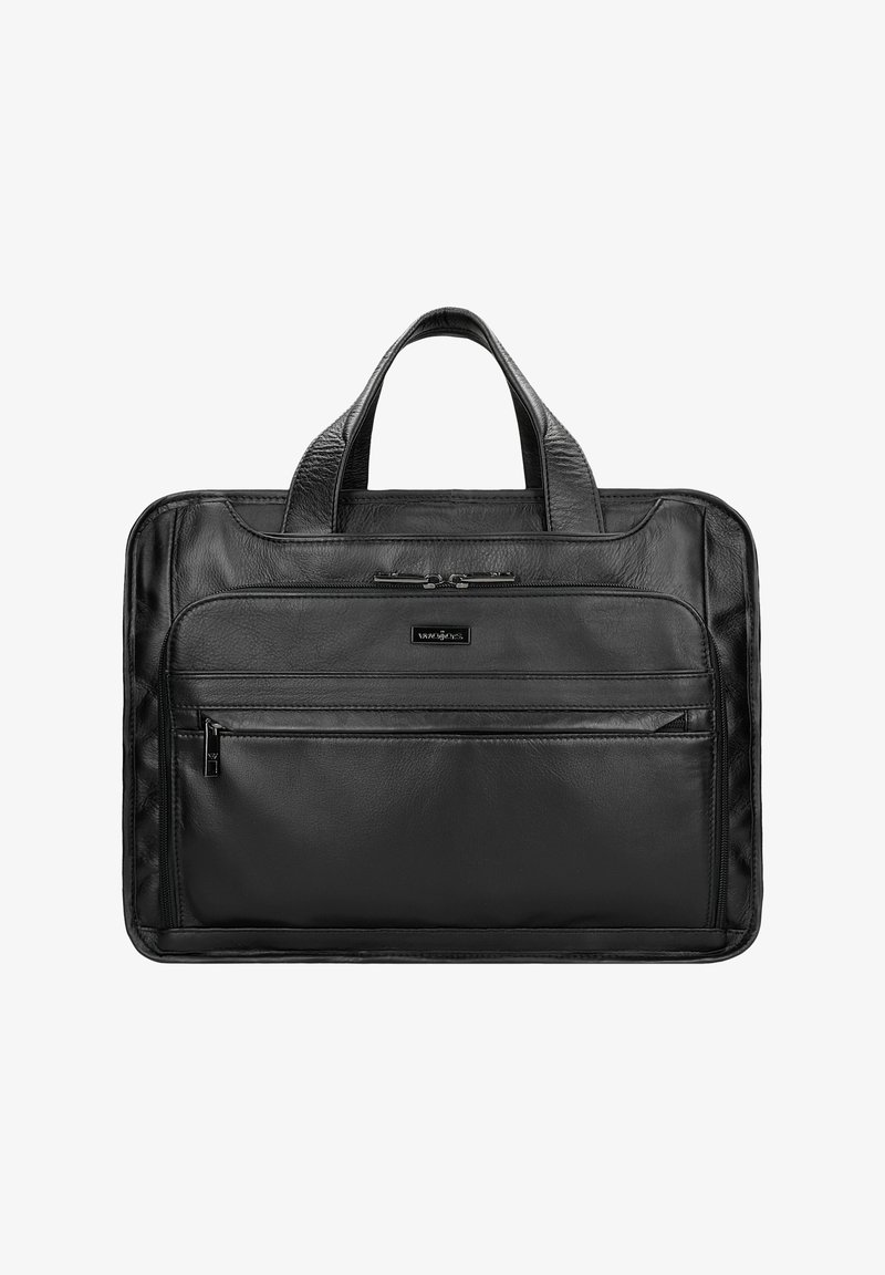 Sac à dos pour ordinateur portable en cuir noir avec doubles poignées, poche zippée à l'avant et accents texturés subtils. Surface lisse et forme rectangulaire.