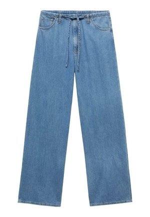 Svetlo modré džínsové nohavice s širokými nohavicami a pásom na šnúrku, prednými vreckami a vyblednutou textúrou. Spodný lem je neupravený s minimálnym stehom.