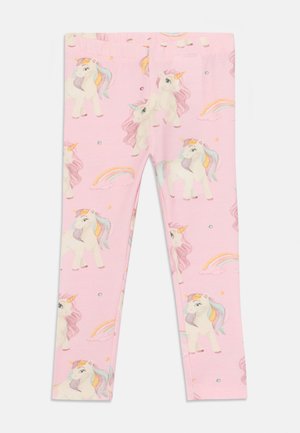 Leggings rosa com um design de unicórnio, com acentos de arco-íris pastel e nuvens, feitos de um tecido suave e com um formato ajustado.