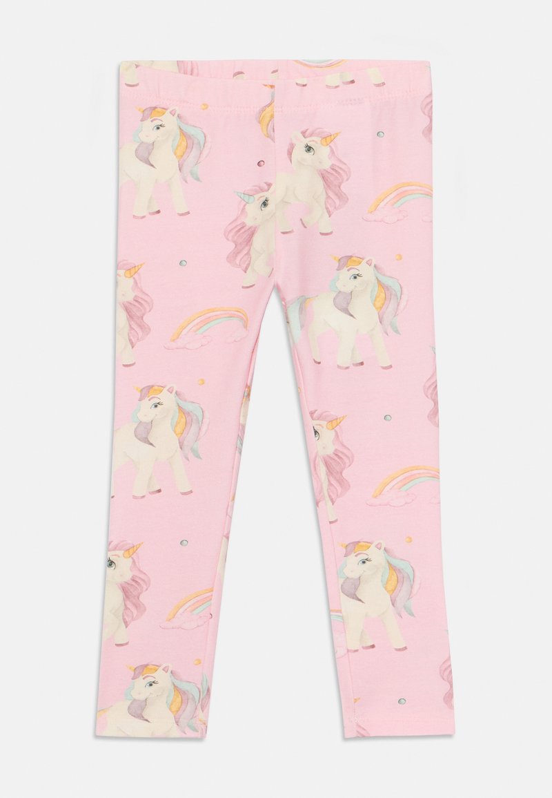 Rózsaszín leggings unikornis mintával, pasztell szivárvány és felhő díszítéssel, puha anyagból készült, testhezálló fazonnal.