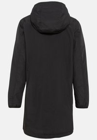 Schwarze Kapuzenjacke aus einem glatten, leichten Stoff, mit langen Ärmeln und elastischen Bündchen. Sie hat einen geraden Schnitt mit einem etwas längeren Rücken.