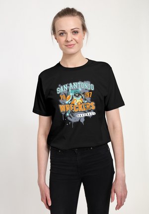 Schwarzes Kurzarm-T-Shirt mit einem bunten Grafikdesign, das "San Antonio Wreckers Baseball" mit einem retro Baseball-Design und Spritzereffekten zeigt.