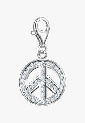 Srebrni privjesak znaka mira s kružnim okvirom, ukrašen prozirnim rhinestones. Sadrži kopču u obliku jastoga za pričvršćivanje.