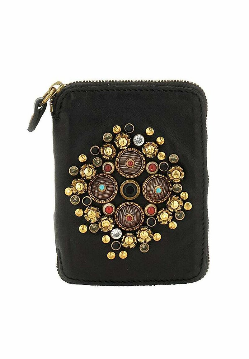 Portafoglio zippered nero con intricati abbellimenti a forma di cerchio in oro, rosso, turchese e nero che formano un motivo simmetrico sulla parte anteriore.