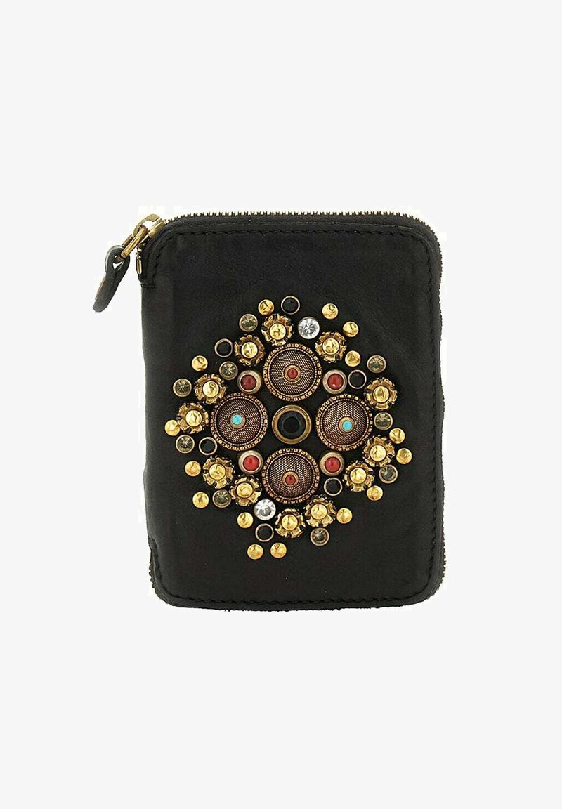 Portafoglio zippered nero con intricati abbellimenti a forma di cerchio in oro, rosso, turchese e nero che formano un motivo simmetrico sulla parte anteriore.
