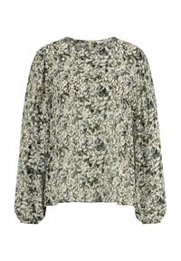 Bloemige blouse in lichtbeige met groene en marineblauwe patronen. Heeft lange pofmouwen en gerimpelde manchetten; ronde halslijn met een sluiting aan de achterkant.