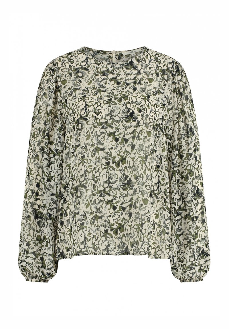Bloemige blouse in lichtbeige met groene en marineblauwe patronen. Heeft lange pofmouwen en gerimpelde manchetten; ronde halslijn met een sluiting aan de achterkant.