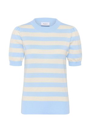 Šviesiai mėlynas ir baltas horizontalių juostelių trumpomis rankovėmis mezginys su ribotu įliejamu kaklu ir pūstomis rankovėmis.