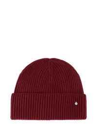 Bourgogne gebreide beanie met een geribbelde textuur en omgeslagen rand, met een klein, metalen logo accent aan de voorkant.