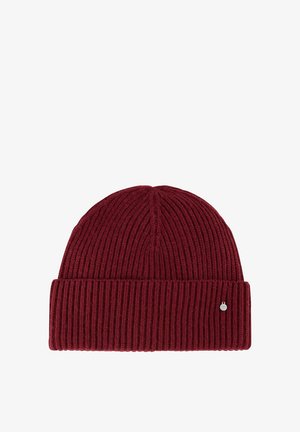 Bonnet en tricot bourgogne avec une texture côtelée et un revers, présentant un petit accent de logo métallique à l'avant.