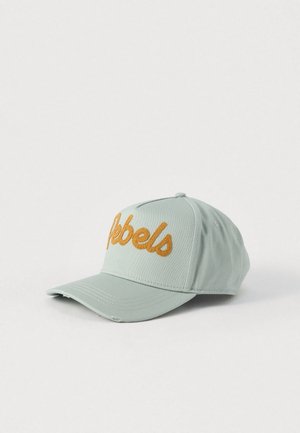 Light green cap with curved brim, featuring "Rebels" embroidered in golden-brown script. Made of soft fabric with a structured design.
