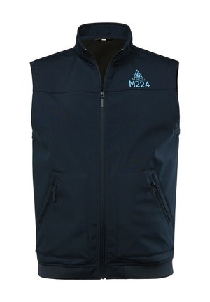Navy-Weste mit hohem Kragen, Frontreißverschluss und zwei seitlichen Reißverschlusstaschen. Auffälliges blaues Branding-Detail auf der oberen Brust.