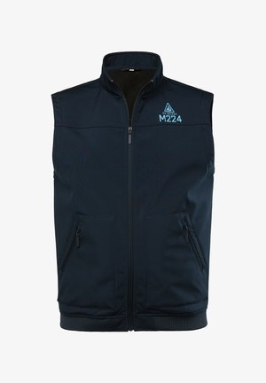Navy vest met een hoge kraag, een ritssluiting aan de voorkant en twee ritszakken aan de zijkanten. Opvallende blauwe merkdetails op de bovenborst.