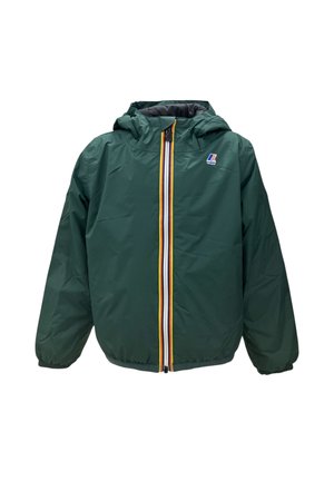 Giacca con cappuccio verde scuro con cerniera a righe colorate e polsini elastici, con un piccolo logo sul petto sinistro.