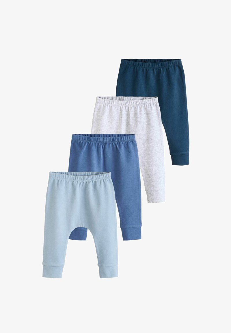 Set von vier Kinderhosen aus weicher Baumwolle. Die Farben sind hellblau, dunkelblau, grau und marineblau. Mit elastischem Bund und umgeschlagenen Knöcheln.