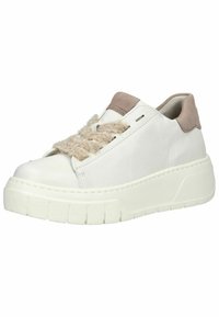Hvide lædersneakers med en struktureret beige detalje ved hælen og fuzzy beige snørebånd. Har en tyk gummisål med segmenteret sømning.