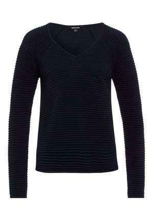 Sort ribstrikket langærmet sweater med V-hals og teksturerede vandrette linjer på ærmer og krop.