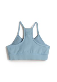 Blauwe sportbeha gemaakt van soepel, rekbaar materiaal. Voorzien van een racerback ontwerp, zachte naden en een klein logo op de middenrug.
