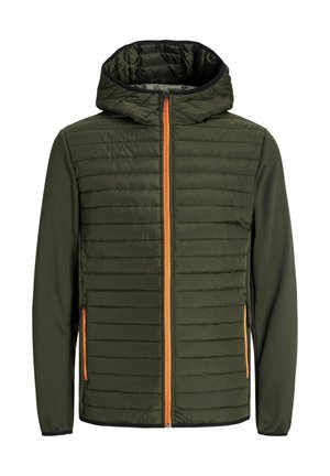 Hooded jacket in donker groen met een gequiltte voorzijde, gladde mouwen, oranje rits, zwarte accenten en zijzakken.