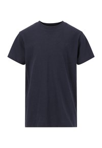 Mørk navy blå T-shirt med korte ærmer, lavet af blød bomuld, med en rund halsudskæring og en ensfarvet, glat tekstur uden synlige mønstre.