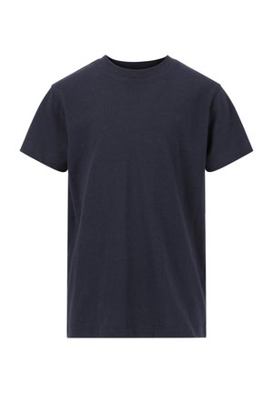 Donker marineblauw T-shirt met korte mouwen, gemaakt van zachte katoen, met een ronde halslijn en een vlakke, gladde textuur zonder zichtbare patronen.