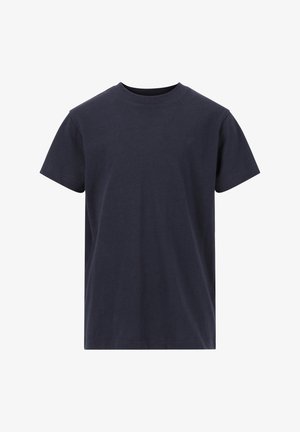 Mørk navy blå T-shirt med korte ærmer, lavet af blød bomuld, med en rund halsudskæring og en ensfarvet, glat tekstur uden synlige mønstre.