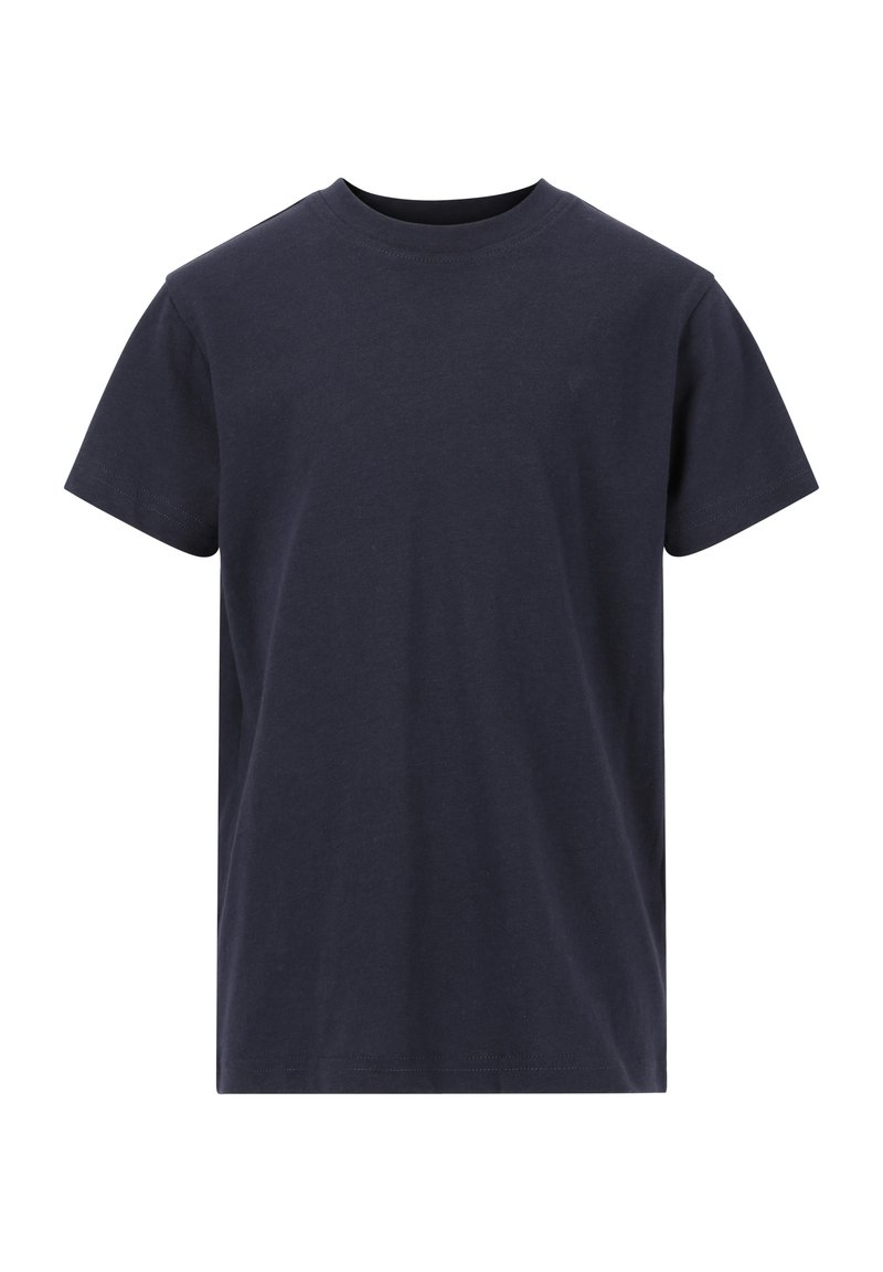 Mørk navy blå T-shirt med korte ærmer, lavet af blød bomuld, med en rund halsudskæring og en ensfarvet, glat tekstur uden synlige mønstre.