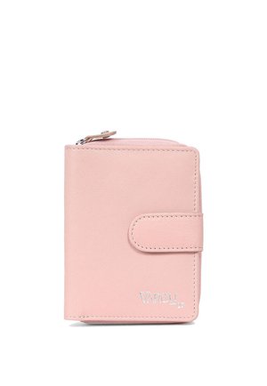 Portafoglio compatto in pelle rosa con chiusura a bottone automatico e cerniera sulla parte superiore, con un piccolo logo nell'angolo in basso a destra.