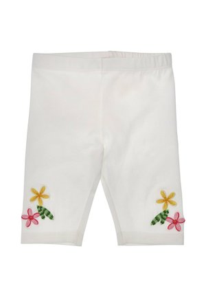 White knee-length leggings with elastic waistband and embroidered yellow and pink flowers with green leaves near the leg openings.