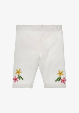 White knee-length leggings with elastic waistband and embroidered yellow and pink flowers with green leaves near the leg openings.