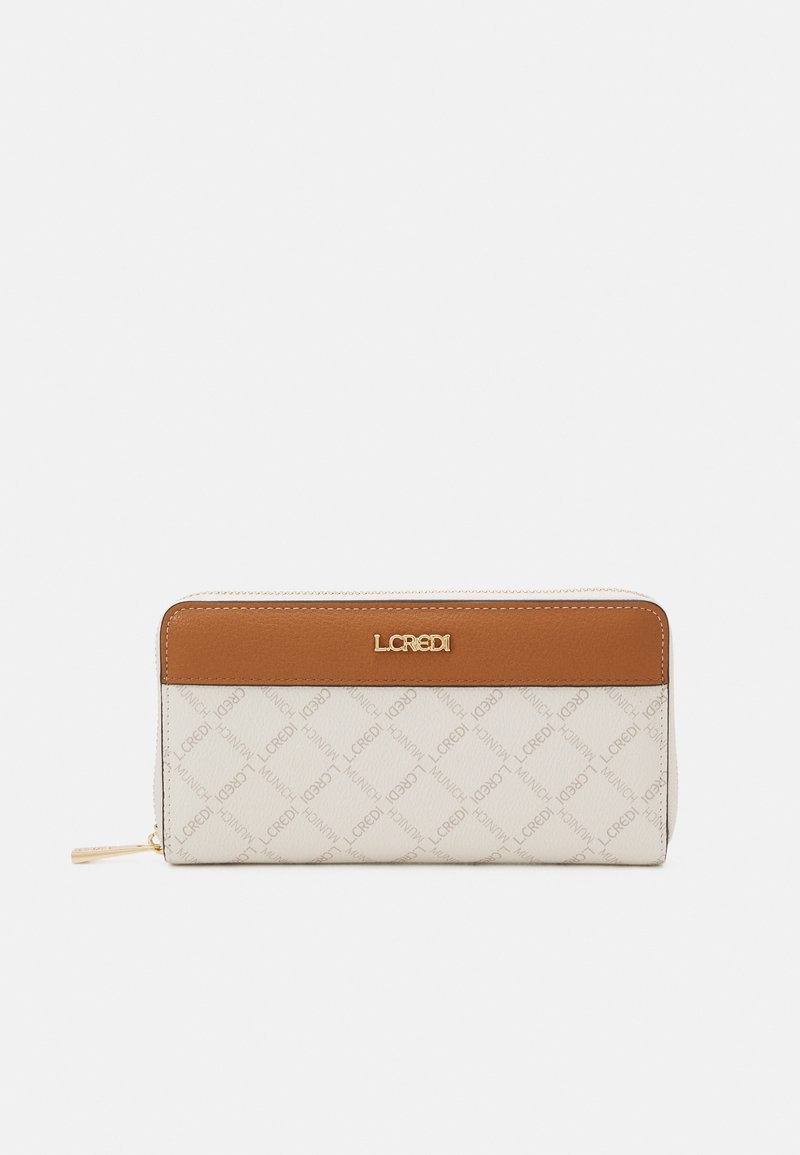 Beige Geldbörse mit einem glatten braunen Lederakzent und geprägtem Logo. Verfügt über einen Reißverschluss und ein gemustertes Innenfutter mit wiederholtem Markennamen.