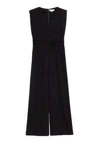Czarny bezrękawnik z szerokimi nogawkami, z materiałowym paskiem wiązanym w talii oraz z zamkiem błyskawicznym z przodu przy dekolcie.