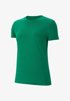 Groene katoenen T-shirt met korte mouwen, ronde hals, een gladde textuur en stikseldetails. Geen patronen of grafische elementen aanwezig.
