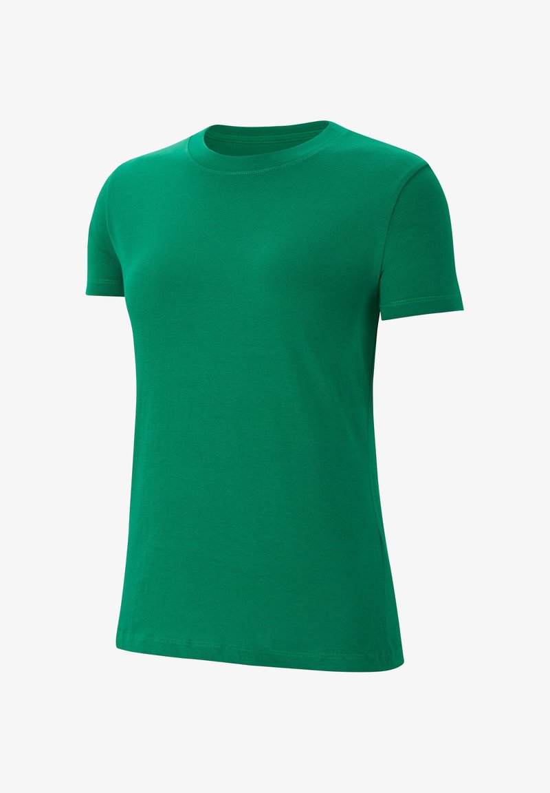 T-shirt verde in cotone con maniche corte, colletto a girocollo, texture liscia e dettagli di cucitura. Nessun motivo o grafica presente.