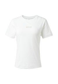 White cotton T-shirt with a crew neck, featuring a light beige "VOILÀ" text in the center. Short sleeves and a relaxed fit design.