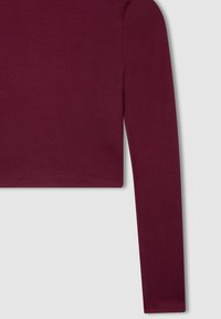 Maglietta cropped a maniche lunghe in un profondo tessuto borgogna. Texture liscia con una vestibilità attillata, caratterizzata da un colletto semplice e un orlo pulito.