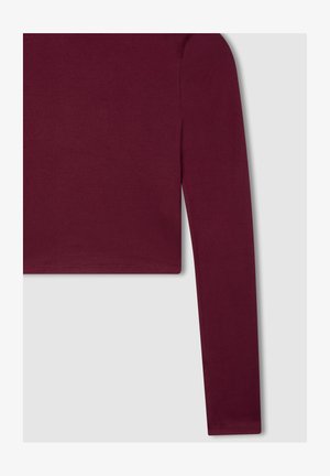 Maglietta cropped a maniche lunghe in un profondo tessuto borgogna. Texture liscia con una vestibilità attillata, caratterizzata da un colletto semplice e un orlo pulito.