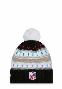 Berretto di lana di colore nero con un pom-pom bianco. Presenta un motivo multicolore di frecce e cuori nei toni di rosa, blu, giallo e grigio. Logo NFL sul bordo.