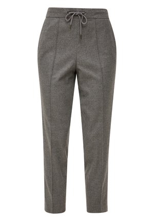 Grijze, op maat gemaakte broeken van textuurstof, met een trekkoord in de taille en taps toelopende pijpen met voornaaddetails.