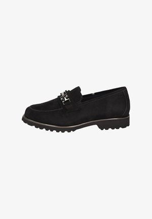 Mocassin en daim noir avec détail de boucle en métal, bout arrondi, et semelle crantée, conçu pour un usage décontracté ou formel.